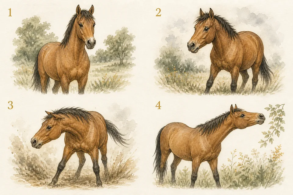 Quatre attitudes d’un même cheval : détendu, inquiet, défensif et curieux