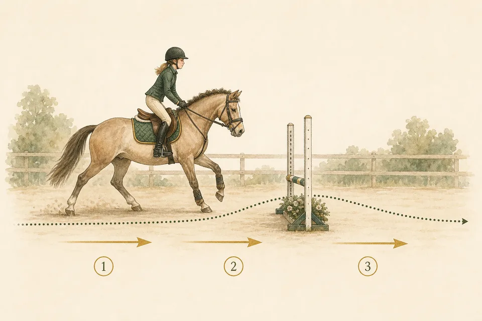 Poney et cavalière abordant un petit obstacle avec trajectoire et flèches de rythme