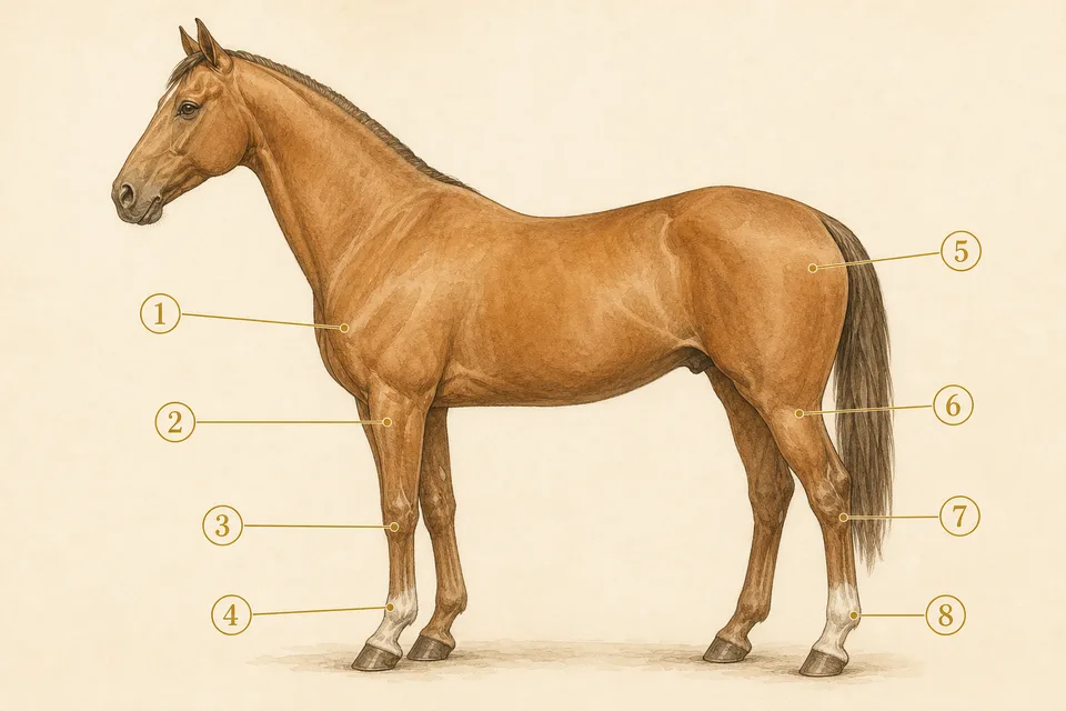 Cheval vu de profil avec huit repères numérotés sur les membres