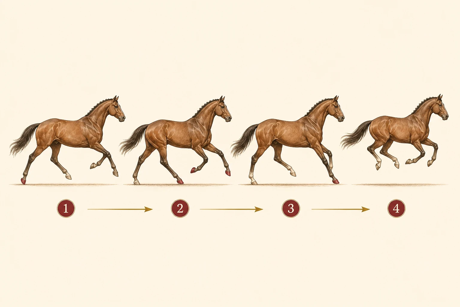 Quatre phases successives d’un cheval au galop avec appuis colorés
