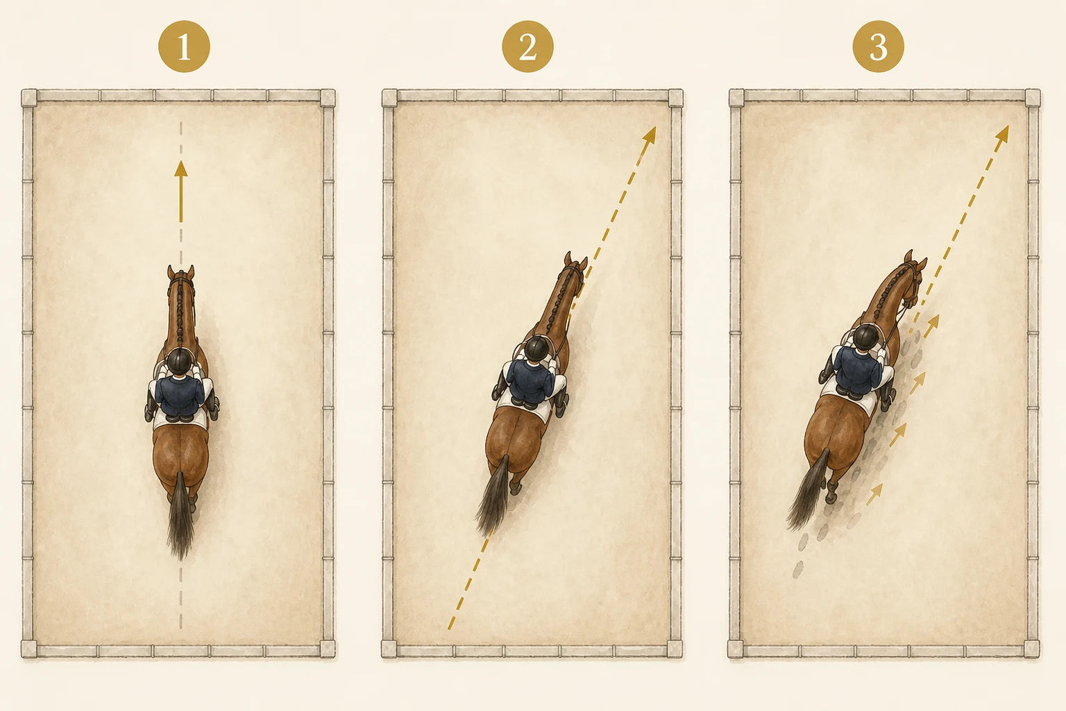 Trois vues du dessus comparant des trajectoires de cession à la jambe