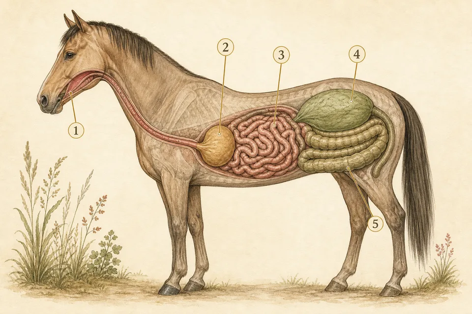 Cheval de profil avec représentation du système digestif et cinq repères numérotés