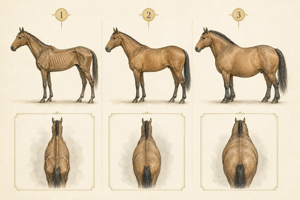 Trois chevaux comparant un état corporel maigre, intermédiaire et excessif