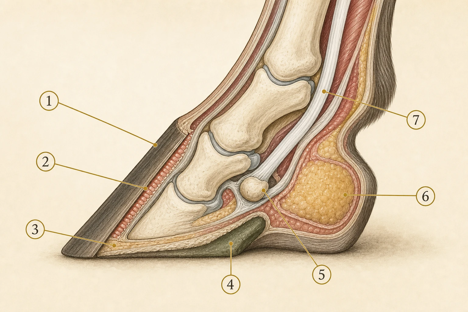 Coupe pédagogique du pied du cheval montrant paroi, sole, fourchette, phalanges et structures internes