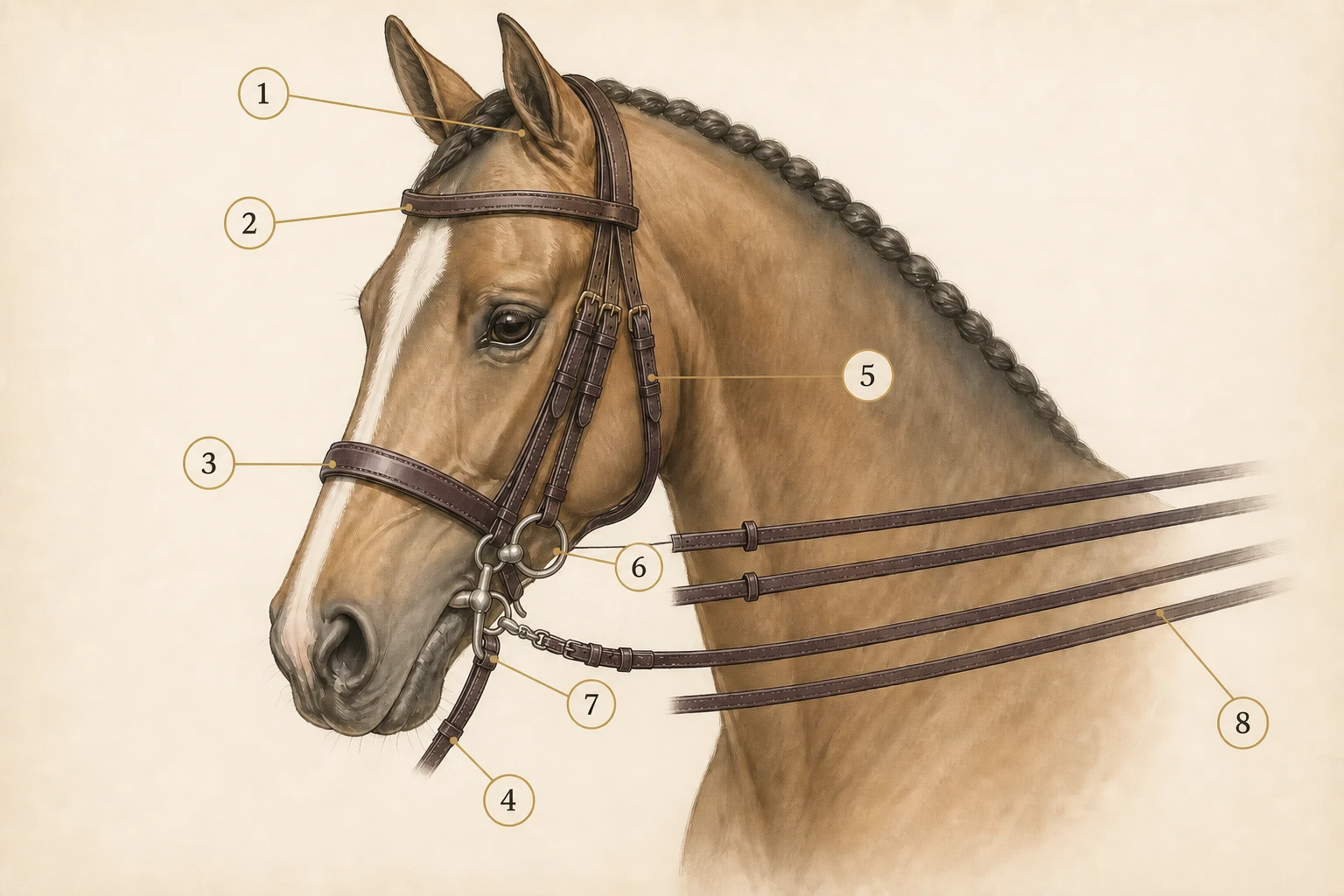 Tête de cheval portant une bride complète avec huit repères numérotés