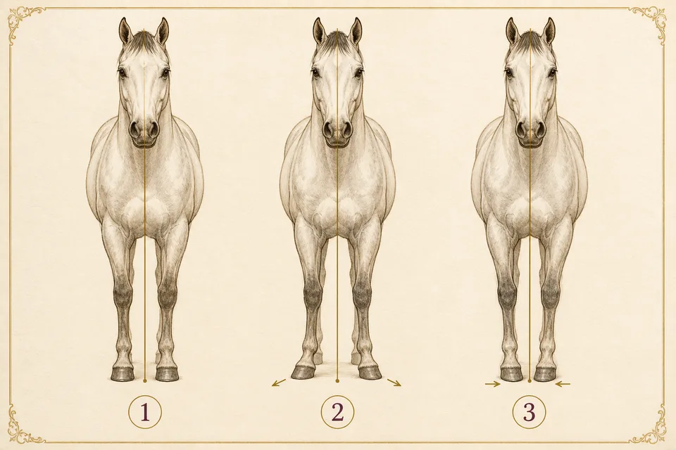 Trois chevaux vus de face comparant des antérieurs droits, panards et cagneux